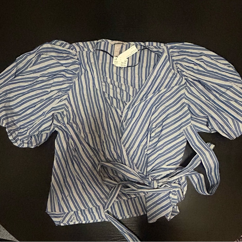 Blue and White Striped Wrap Blouse